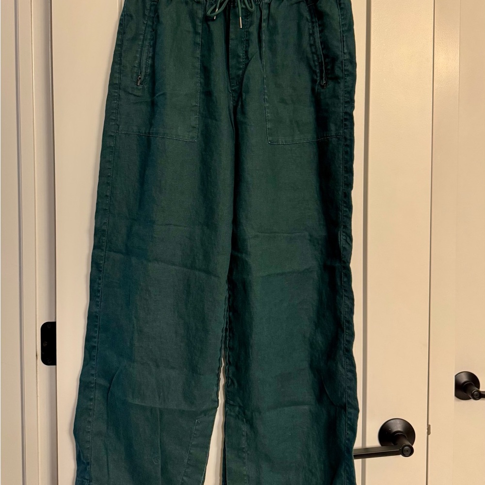 Athleta Retreat Women's High Rise PINE Green Wide Leg Linen Pants